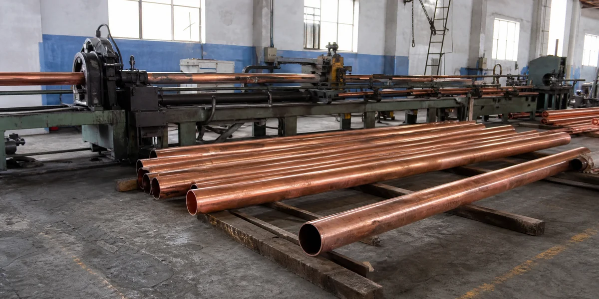 Finished reddish copper tubes beside a drawing line in an industrial workshop