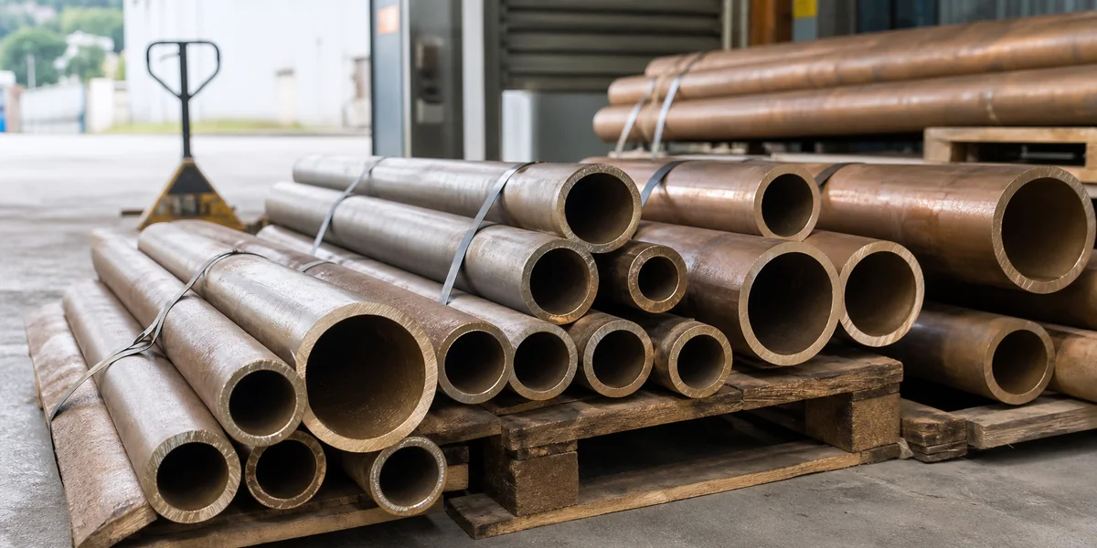 Bronze tubes with varied wall thicknesses stored on pallets in a loading bay