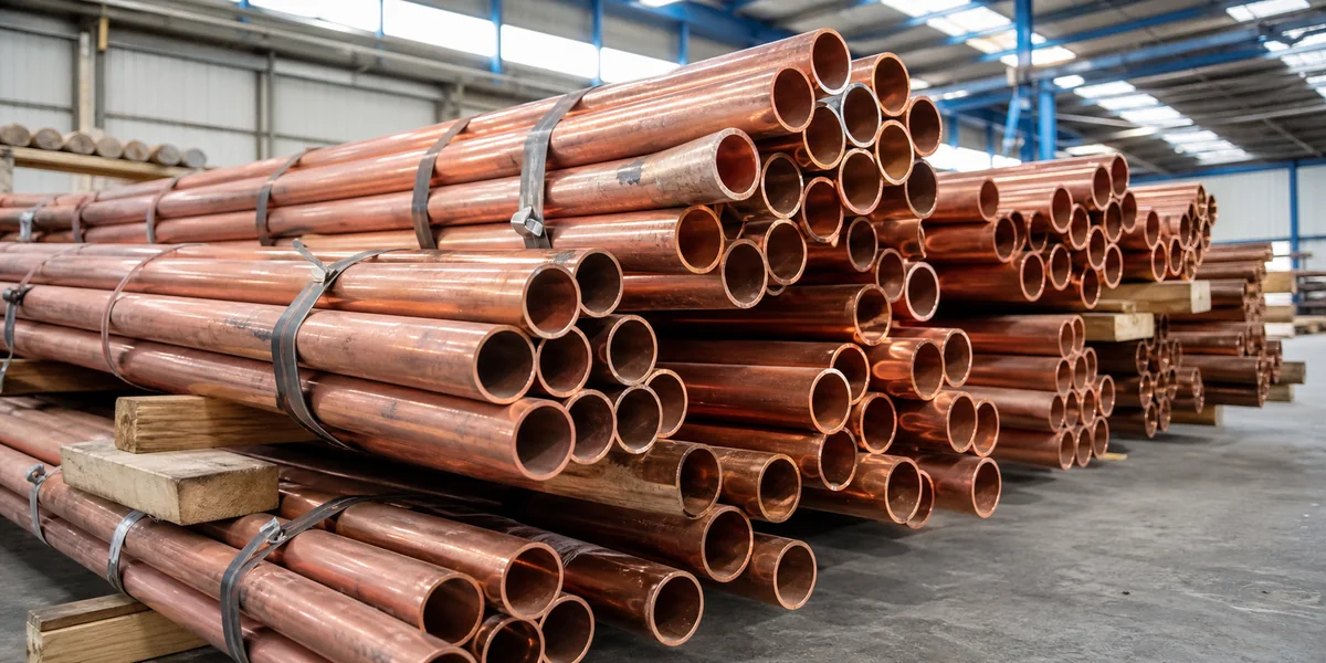Bundled reddish copper tubes with open ends visible in a bright warehouse