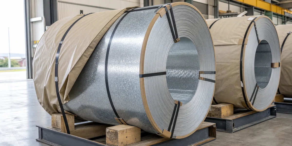 Electro Galvanized Steel Coil product display — galvanized steel coils secured with edge protection for export shipment