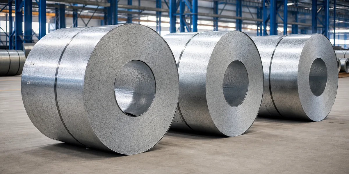 DX51D Galvanized Steel Coil product display — galvanized steel coils with uniform zinc-coated surfaces in a bright warehouse