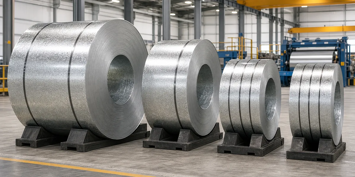 Electro Galvanized Steel Coil product display — galvanized steel coils in multiple widths and diameters at a steel service center