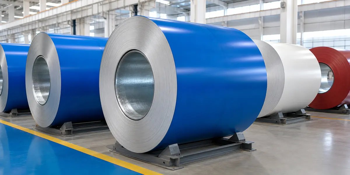 PPGI Prepainted Steel Coil product display — blue PPGI and PPGL steel coils with consistent coating quality