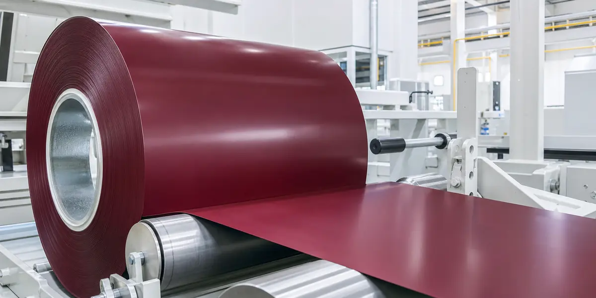 PPGI Prepainted Steel Coil product display — burgundy prepainted steel coil surface-finish inspection