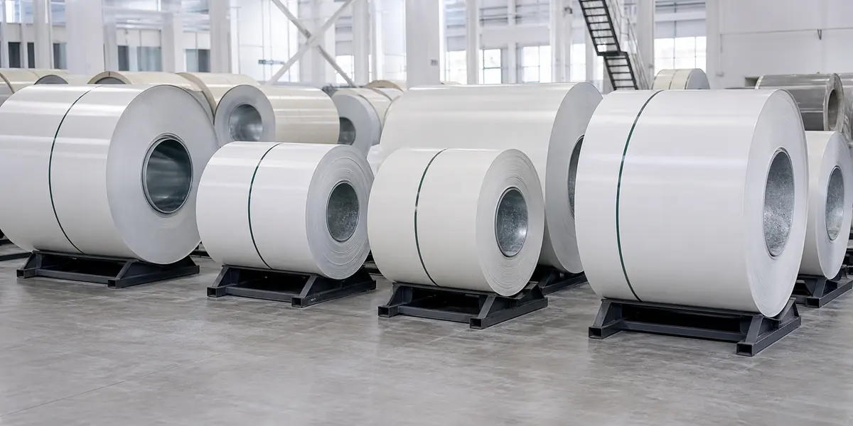 PPGI Prepainted Steel Coil product display — white and off-white prepainted steel coils in multiple specifications