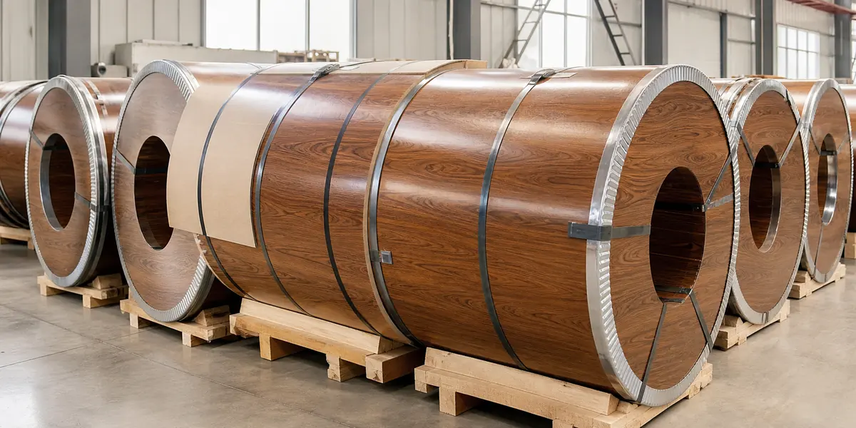 PPGI Prepainted Steel Coil product display — wood-grain prepainted steel coils prepared for export