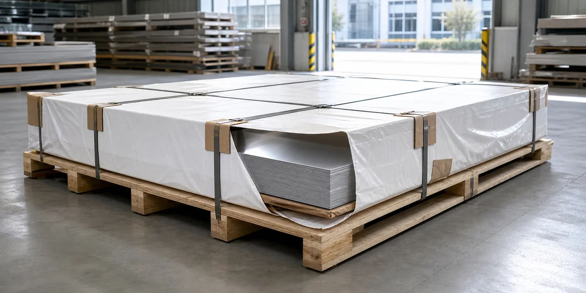 2205 Duplex Stainless Steel Sheet product display — stainless steel sheet stack secured with export-ready protective packaging