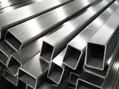 Brushed stainless steel square and rectangular tubes stacked for fabrication thumbnail