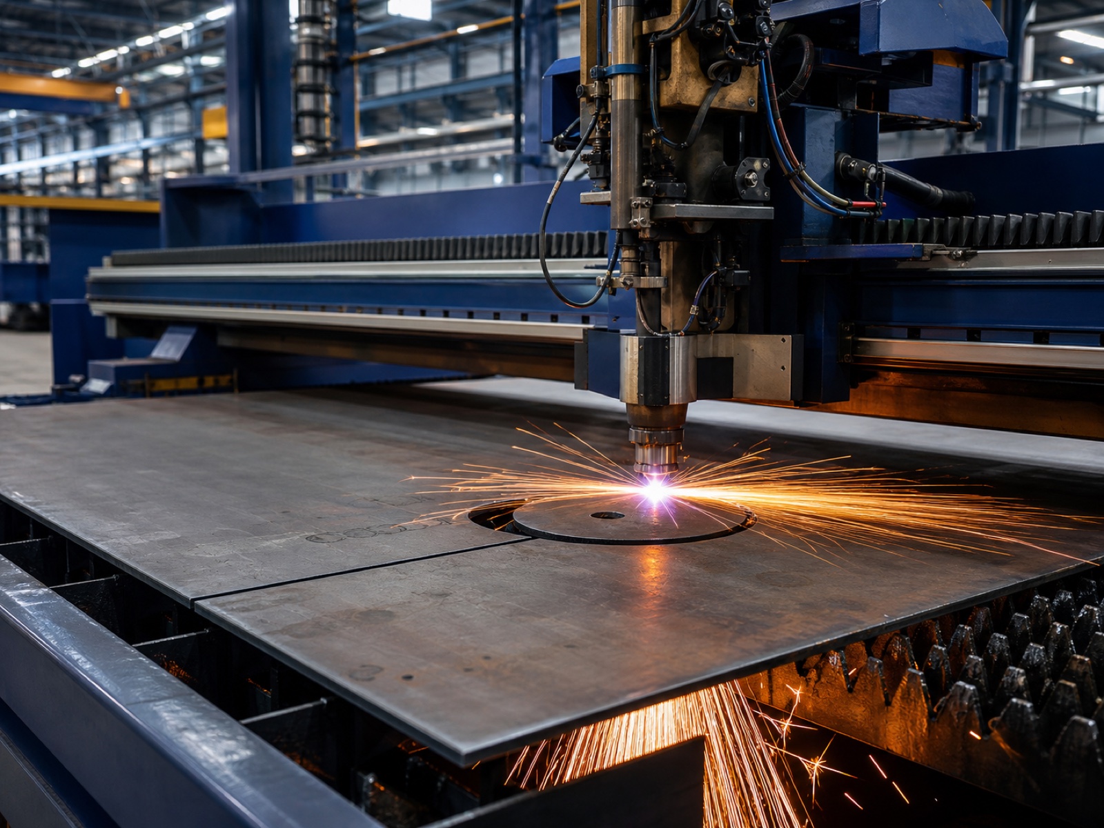 Automated steel plate cutting equipment in operation