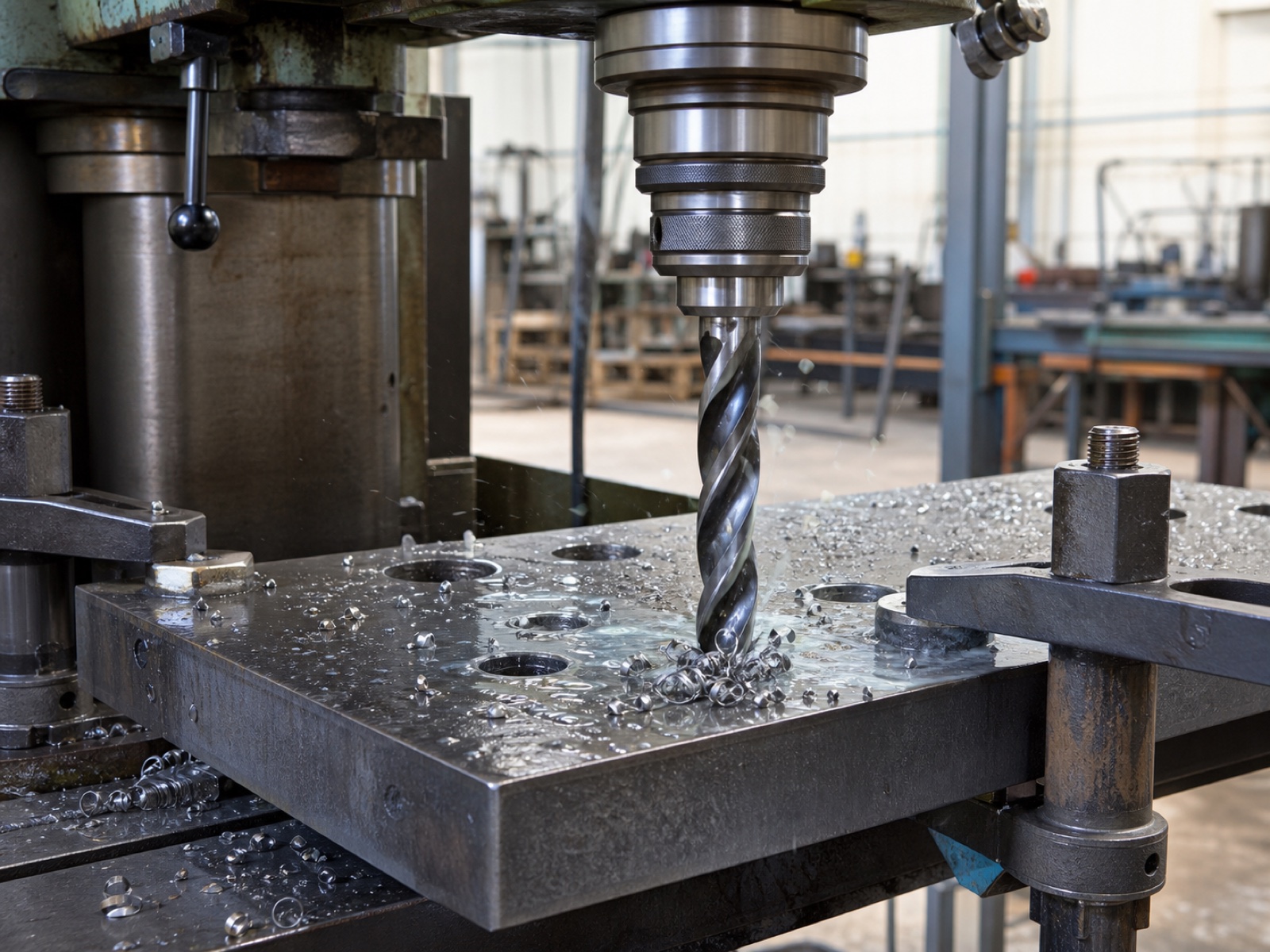 Industrial drill drilling steel plate