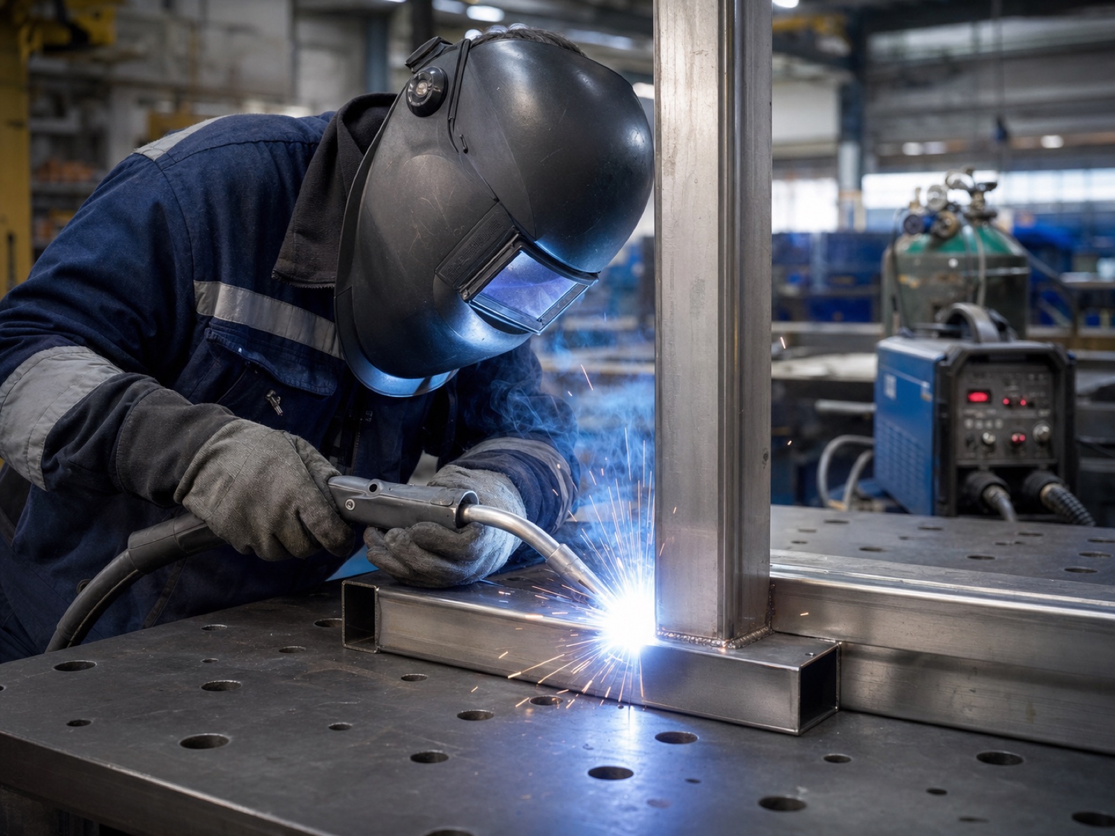 Welder fabricating a steel assembly